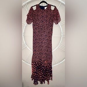 LK Bennett London Navy High Low Dress with Red and White Floral Pattern